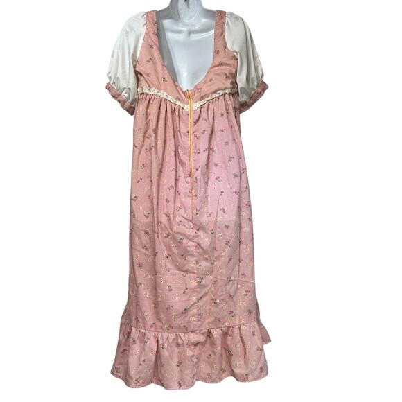 Vintage Pink Prairie Cottagecore Maxi Dress Floral Puff Sleeve Lace Handmade - Picture 2 of 7